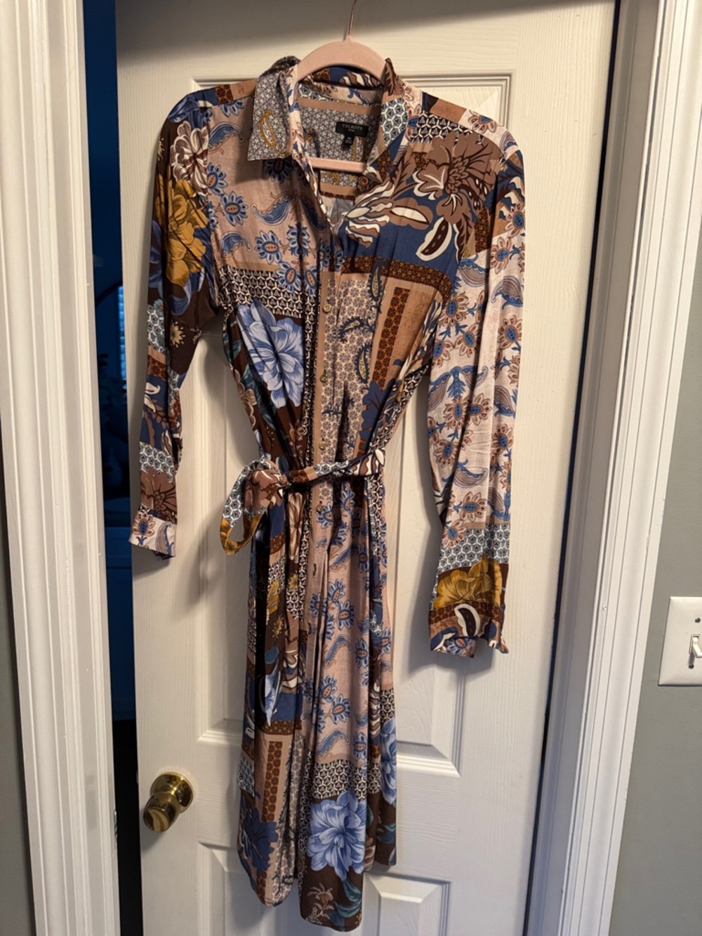 Boho style Long Sleeve Floral Patchwork Shirt Dress - Blue & Brown